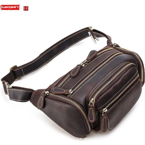 New Crazy Horse leather mens bag Korean casual mens personal anti-theft waist pack chest bag mens shoulder bag