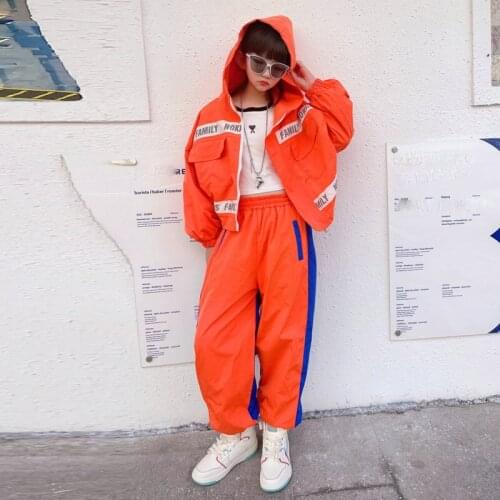 New Street Dance Wear Orange Short Jacket Cargo Pants Hiphop Suit Jazz Dance Costumes Girls Hip Hop Dance Rave Clothing DQS7927