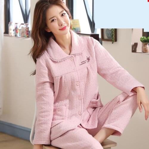 New Arrival Autumn Winter Nightwear Pure Cotton Fashion Full Length Padded Pajamas For Women Set size M L XL XXL XXXL