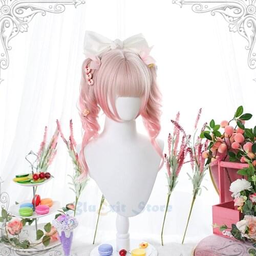 Gradual Pink Lolita Wig Harajuku Fairy Long Curly Ponytail Sweet Bangs Korean Japanese Girls Cosplay Brown Red Synthetic Hair
