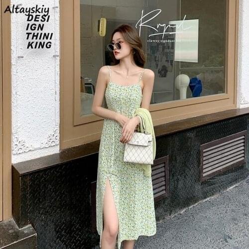 Dress Women Side-slit Mid-calf Elegant Leisure Print Spaghetti-strap Empire Temperament Stylish Korean Style Gentle Ladies Chic