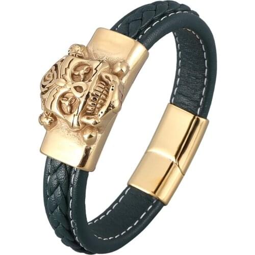Casual Green Braided Leather Bracelet Men Rock Hip Hop Jewelry Gold Stainless Steel Skull Magnetic Buckle Male Bangles PD0899