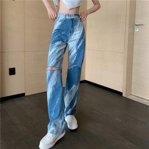 Y2K High Waist Tie Dye Straight Jeans Pants Women Loose Blue Hole Printed Summer Denim Trousers Wide Leg Pants Jean P141
