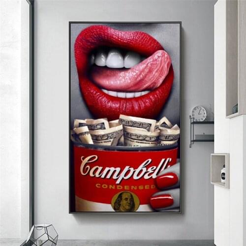 Sexy Woman Red Lips and Money Canvas Paintings Posters and Prints Cuadros Wall Art Picture for Living Room Home Decor