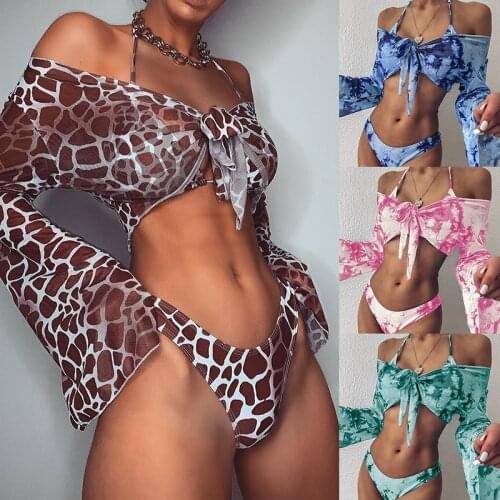 Sexy Leopard Long Sleeve Mesh Three Piece Bikini Set 2020 Swimsuit Womens Swimming Suit For Women Swimwear Female Bathing Suits