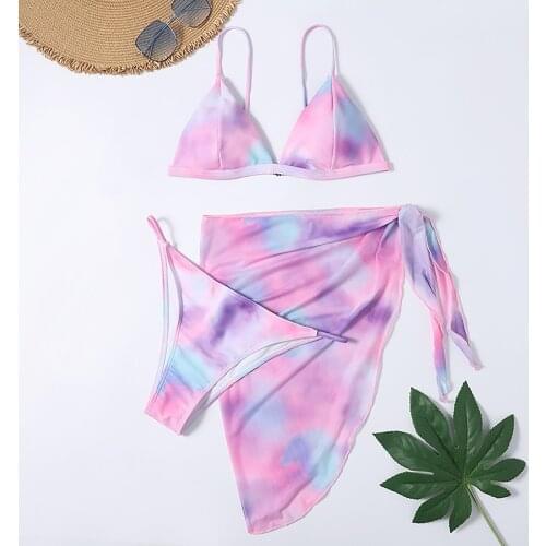 Sexy 3 Piece Swimsuit Women Tie Dye Low Waist Biquini Brazilian Summer Beachware Thong Bikini 2021 Swimwear Women Skirt #T4G