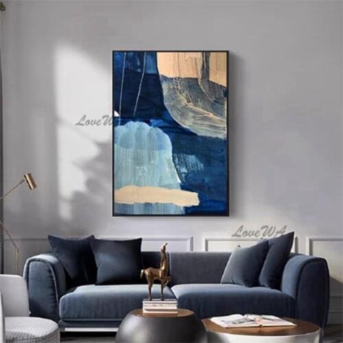 Contemporary Abstract Oil Painting In Blue Modern Home Decoration Wall Art Large Lliving Room Wall hanging Picture Unframed