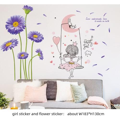 [SHIJUEHEZI] Flowers Plants Wall Stickers DIY Girl on the Swing Mural Decals for Living Room Kids Bedroom House Decoration