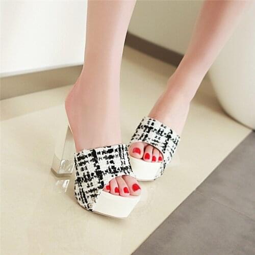 YMECHIC 2018 Party Extreme High Heels Peep Toe Summer Women Shoes Plaid White Black Plus Size Slides Lady Slipper Platforms Shoe