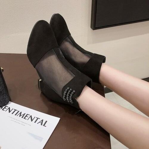 Women Ankle Boots Female Zip High Square Heels Shoes Woman Pointed Toe Ladies Wire Mesh Breathable Fashion Short Botas U22-04