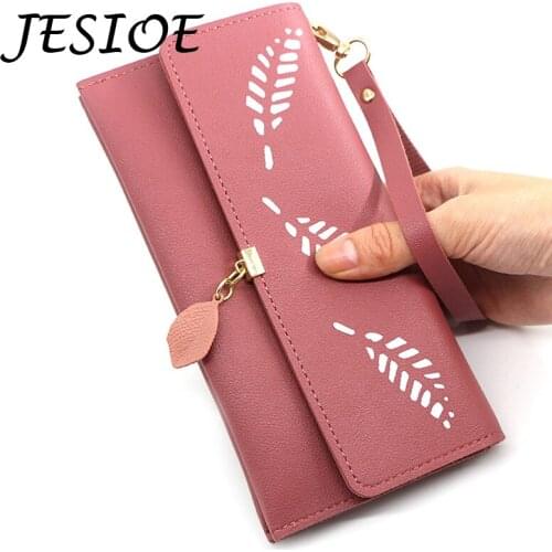 Women Long Wallets Lether Leaves Purse Ladies Simple Card Bags for Female Clutch Women Hollow Out Pendant Money Phone Wallets