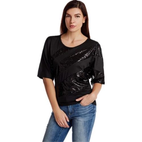 Women Sparkle Sequin Top T-shirts Black Batwing Sleeve Street Loose Club Tees Glittery Night Out Blouse for Costume Disco Party