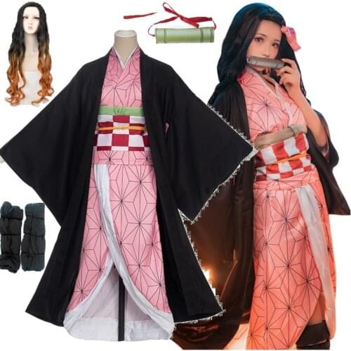 Anime Cosplay Demon Slayer Kimetsu no Yaiba Cosplay Kamado Nezuko Costume Japanese Kimono Costume Kimetsu no Yaiba wig women