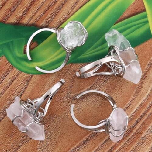 100-Unique 1 Pcs Silver Plated Wire Wrap Irregular Shape Rock Crystal Quartz Resizable Finger Ring Fashion Jewelry