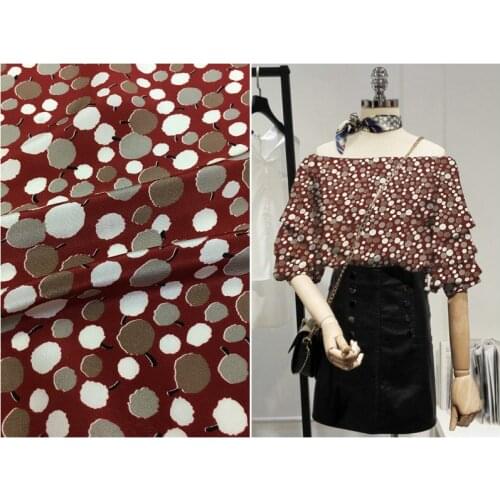140 * 50cm Pure Silk Crepe -De-Chine Wine Red Background Art Polka Dot Digital Printing Mulberry Silk Dress Fashion Fabric