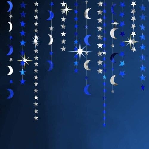 2021 Eid Mubarak 4Meters Gold Blue Silver Star Moon Paper Garlands Wedding Birthday Event Ramadan Hanging Party DIY Decorations