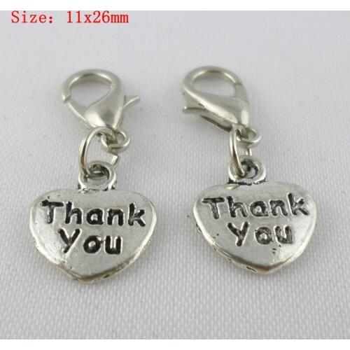 30pcs Lettering Heart Flatback Thank you Dangle Lobster Clasp Charms Pendants 11x26mm Tibetan Silver Jewelry Findings