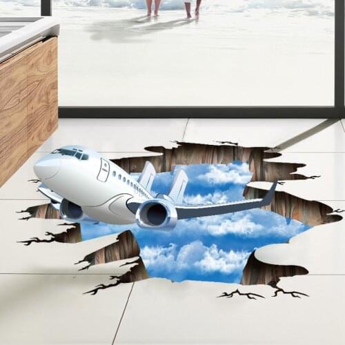Blue sky 3D Airplane Broken Wall Sticker Home Decor Mural Living Room Decorative Picture Art Wall Floor Stickers DIY Decoration