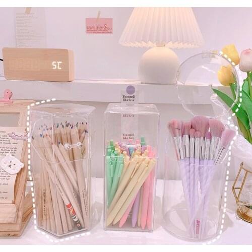 Creative Acrylic Desktop Large-Capacity Clear Storage Box Makeup Brush Organizer Bucket with Cover Girls Pencil Pen Box