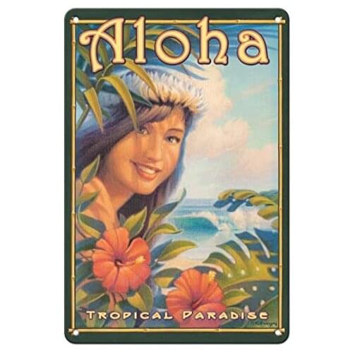 Aloha Tropical Paradise - Hula Girl - Hawaiian by Kerne Erickson Metal Tin Sign