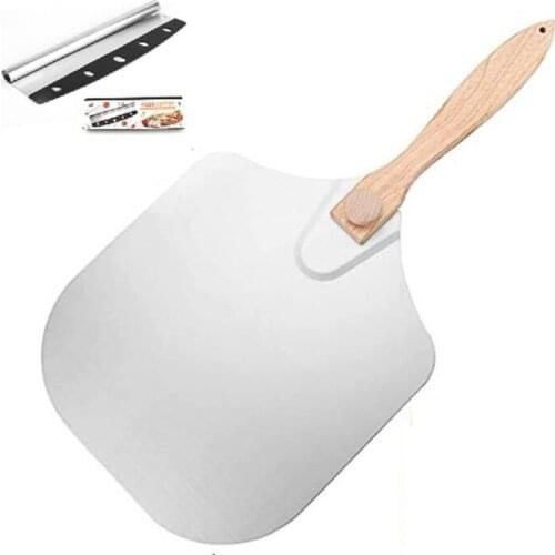 Pizza Peel,Aluminum Pizza Peel,Pizza Spatula with Foldable Wooden Handle&Pizza Cutter,Pizza Shovel for Oven
