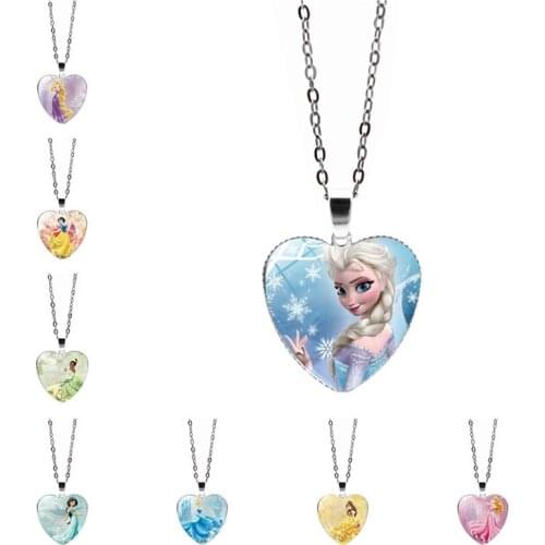 Disney Frozen Elsa Heart Pendant Necklace Cartoon Photo Glass Cabochon Crystal Snow White Heart Necklace Jewelry for Women Girl