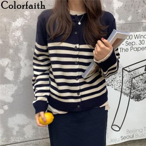 Colorfaith New 2021 Womens Autumn Winter Sweater Fashionable Elegant Oversize Short Striped Cardigan Vintage Knitwear SWC1345JX
