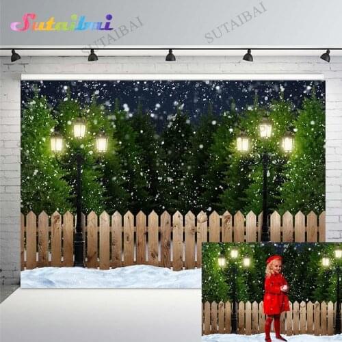Winter Snow Wonderland Christmas Night Photography Backdrops Street Lamp Fence Forest Pine Tree Decor Photo Studio Background