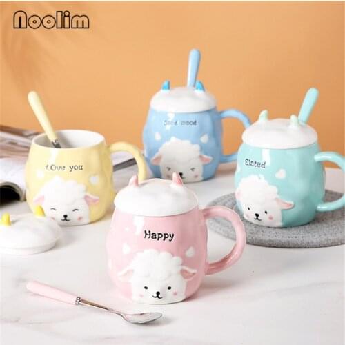 Ceramic Cartoon Coffee Mug with Lid and Spoon Set Cute Breakfast Milk Mug Office Drinking Water Cup Teacups Drinkware 380ML
