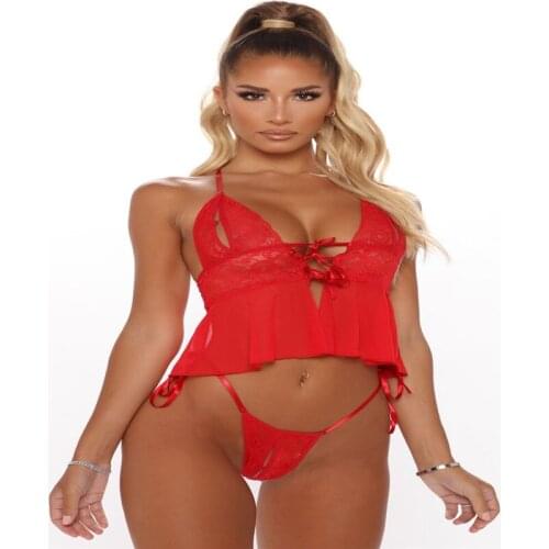 Women 2 Pieces Sexy Lingerie Set Solid Color Sleeveless Halter Strappy Underwear and T-Back Underwear for Female Exotic Apparel