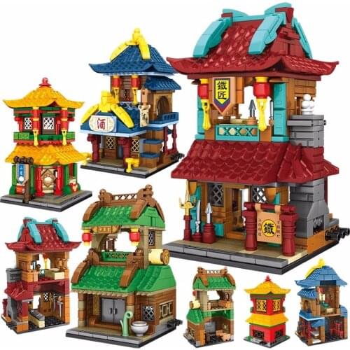 City Street View Building Blocks Creator Classic Architecture Tavern Smithy Shop House Model Bricks DIY Assembly Toys For Kids