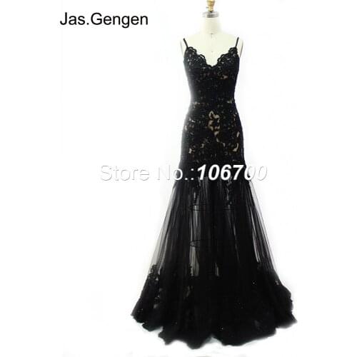 Embroidery Lace with Stones Mermaid Evening Dress Real Photos V Neck Sheer Illusion Black Long Prom Gowns vestido festa longo