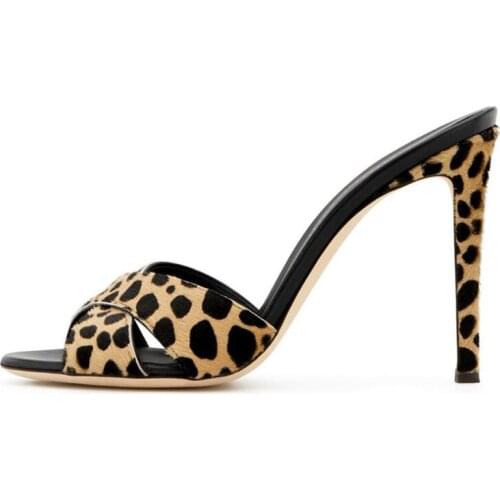 Leopard Woman Summer Cheap Horsehair Sexy Peep Toe Casual High Heel Sandals Open Toe Thin Heels Slip On Slippers