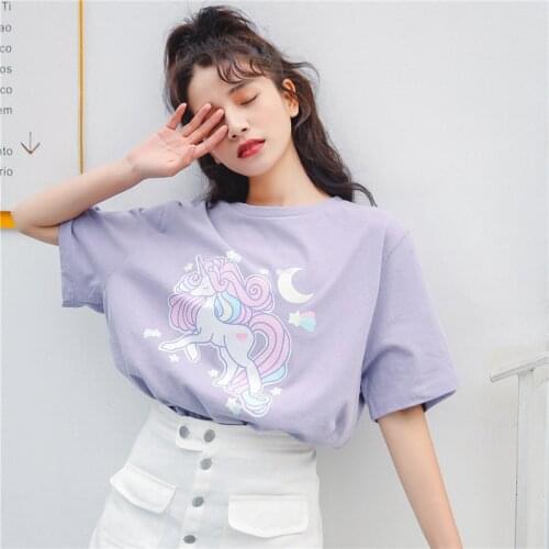 Dreamlikelin Harajuku Kawaii Clothes Spring Summer Korean Fashion T Shirt Cartoon Unicorn Moon Stars Printed Sweet Girl T-shirt