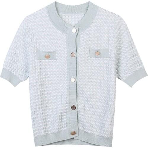 Korean Fashion Spring 2021 Summer New Women Pink Top Short-Sleeved O-Neck Single Breasted Slim Knitted Cardigan Clothes