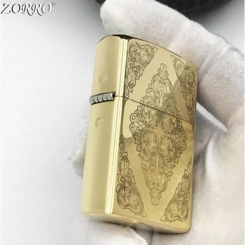 Original Zorro Kerosene Lighter Pure Copper Carving Classic Two Side Tang Grass Pattern Business Gift Outside Ignition Tool