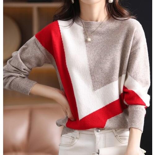 Autumn Winter Women wool cardigan Stitching pattern Pullovers Loose large size O-Neck Knitted Sweaters Woman Jumper