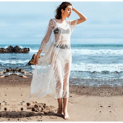 Hollow Out Lace 3 / 4 Swimsuit Cover Up Casual Long Sleeve Perspective Sunscreen Swimwear Beachwear Bikini Sunscreen Beach Skirt