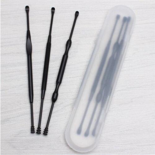 3Pcs/Set Black Stainless Steel Earpick Portable Earpick Ear Care Tools Safe Double-Ended Ear Spoon Digging Cleanning Tools