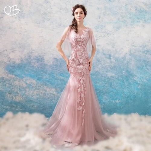 Pink Mermaid Tulle Lace Flowers Appliques Sexy Luxury Formal Evening Dresses 2020 New Fashion Bride Party Prom Dress XK121