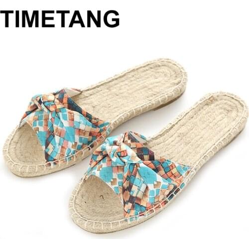 TIMETANG Multicolored Stripe Lattice Summer New Butterfly Knot One-footed Slippers Hemp-soled Fishermans ShoesE897