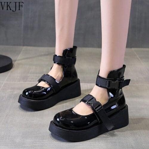 2021 Lolita Shoes Buckle Ankle Strap Platform Shoe Women Patent Leather Thick Sole Punk Hollow Outs Retro Motorcycle boot Girls