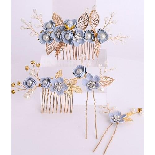 4PCS Pearl Blue Flowers Hair Combs Pins Wedding Hair Jewelry Handmade Leaf Alloy Crystal Bridal Head Pins Elegant Ornament