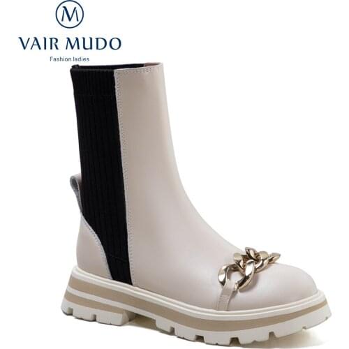 VAIR MUDO Women Ankle Boots Shoes Thick Heels Round Toe Genuine Leather Concise Metal Decoration Black White Solid Shoes WM-X17