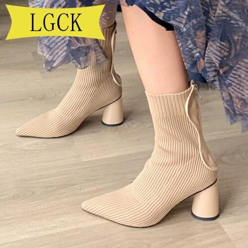 Plus Size 34-43 Winter Fashion Women Boots Beige Pointed Toe Knitting Stretch Ankle Boots Heels Shoes Autumn Winter Female Boots