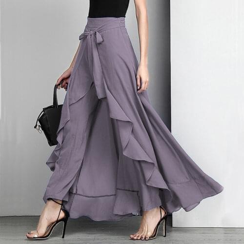 Women Ruffle Palazzo Pants High Waist Causal Drawstring Trouser Elegant Irregular Hem Pant Summer Loose Solid Female Pant Skirt