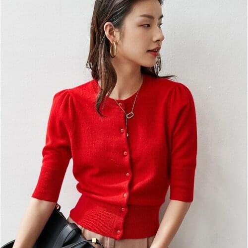 Women cashmere knit short cardigans sweaters single breasted low Oneck half sleeve slim S/M/L retail wholesale
