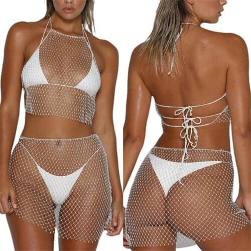 Women Sexy See Through Fishnet Bikini Cover Ups Tie-up Hollow Out Fishnet Beachwear Rhinestone Halter Tank Tops Skirts for Women