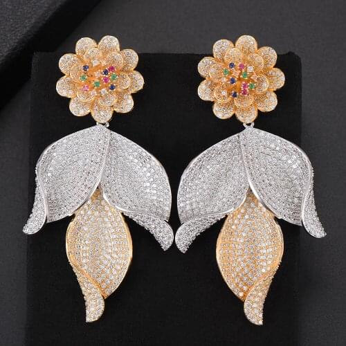 Blachette Trendy Deluxe Flower Leaf Pendant Dangle Earrings For Women Full Cubic Zirconia Drop Earrings Boucle d'Oreille Indian