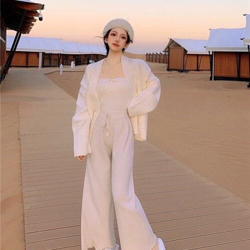 Two-Piece Suit Women Winter Loose Solid Knitted Cardigan Sweater Jacket Tube Top Strap+Pit Strip Wide-Leg Knitted Pants Suit